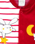 Macacao Bebe Menino Plush Liso e Listrado com Bordados Aplicados de Coelhinhos