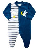 Macacao Bebe Menino Plush Liso e Listrado com Bordados Aplicados de Coelhinhos
