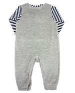 Macacao Salopete Bebe Menino Plush com Body Malha Listrada Bordados Aplicados de Tratores