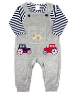 Macacao Salopete Bebe Menino Plush com Body Malha Listrada Bordados Aplicados de Tratores