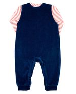 Macacao Salopete Bebe Menino Plush com Body Malha Listrada Bordados Aplicados de Tratores