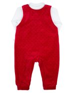 Macacao Salopete Bebe Menina Plush Estampado com Body Suedine Bordados Aplicados de Flores