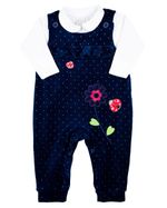 Macacao Salopete Bebe Menina Plush Estampado com Body Suedine Bordados Aplicados de Flores