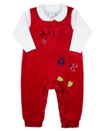 Macacao Salopete Bebe Menina Plush Estampado com Body Suedine Bordados Aplicados de Flores