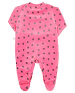 Macacao Bebe Menina Plush Estampado Bolinhas com Bordados Aplicados de Pinguim