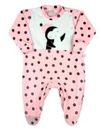 Macacao Bebe Menina Plush Estampado Bolinhas com Bordados Aplicados de Pinguim
