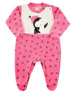 Macacao Bebe Menina Plush Estampado Bolinhas com Bordados Aplicados de Pinguim