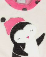 Macacao Bebe Menina Plush Estampado Bolinhas com Bordados Aplicados de Pinguim