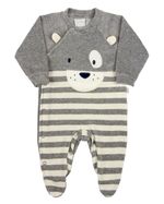 Macacao Bebe Menino Plush Mescla e Listrado Bordado Ursinho