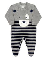 Macacao Bebe Menino Plush Mescla e Listrado Bordado Ursinho