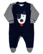 Macacao Bebe Menino Plush Liso e Listrado Bordado Cachorro