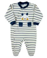 Macacao Bebe Menino Plush Listrado Bordado Ursinho com Patas Soltas