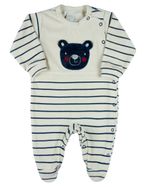 Macacao Bebe Menino Plush Listrado Bordado Ursinho