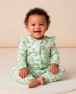 Macacão Bebê Menina Comprido Suedine Algodão Estampado Flores Aplicadas