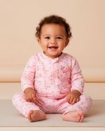 Macacão Bebê Menina Comprido Suedine Algodão Estampado Margaridas