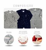 Macacão Bebê Menino Plush Estampado e Listrado Kit Macacão Plush Menino 3 Peças