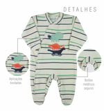 Macacao Bebe Menino Plush Estampado Liso e Listrado Kit Macacao Plush Menino Dinossauros 3 Pecas