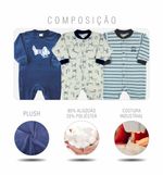 Macacao Bebe Menino Plush Estampado Liso e Listrado Kit Macacao Plush Menino Cachorros 3 Pecas