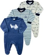 Macacao Bebe Menino Plush Estampado Liso e Listrado Kit Macacao Plush Menino Cachorros 3 Pecas