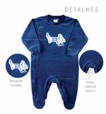Macacao Bebe Menino Plush Estampado Liso e Listrado Kit Macacao Plush Menino Cachorros 3 Pecas