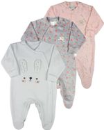 Macacao Bebe Menina Plush Estampado e Liso Kit Macacao Plush Menina Coelhos e Bolinhas 3 Pecas