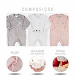 Macacao Bebe Menina Plush Estampado e Liso Kit Macacao Plush Menina Coelhos e Bolinhas 3 Pecas