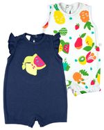 Macacao Bebe Menina Suedine Liso e Estampado Kit Macacao Body Sem Manga Menina Frutas 2 Pecas