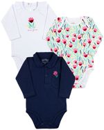 Kit Body Bebê Menina Manga Longa Suedine Algodão Fio Egípcio Liso e Estampado e Piquet