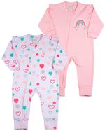 Macacao Bebe Menina Suedine Ziper Estampado e Liso Kit Macacão Suedine Algodao Coracoes 2 Pecas