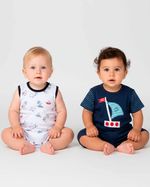 Macacao Bebe Menino Curto Suedine Liso e Estampado Kit Macacão Suedine Algodao Verao Barquinhos 2 Pç