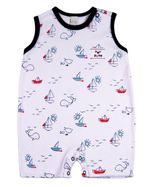 Macacao Bebe Menino Curto Suedine Liso e Estampado Kit Macacão Suedine Algodao Verao Barquinhos 2 Pç