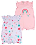 Macacao Bebe Menina Suedine Curto Estampado e Liso Kit Macacão Suedine Verao Algodao Corações 2 Pç