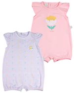 Macacao Bebe Suedine Menina Curto Estampado e Liso Kit Macacão Suedine Algodao Bolinhas e Flor 2 Pç