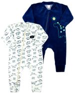 Macacao Bebe Menino Plush Estampado e Liso Kit Macacão Plush Menino Dinossauros 2 Peças