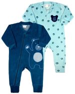 Macacao Bebe Menino Plush Estampado e Liso Kit Macacão Plush Menino Urso 2 Peças