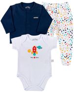 Conjunto Bebê Suedine Liso e Estampado Folhas e Silk Foguetes