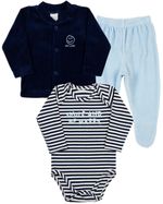 Conjunto Bebê Inverno Casaco Body e Calça Plush e Cotton Listrado Smile And Be Happy
