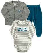 Conjunto Bebê Inverno Casaco Body e Calça Plush e Cotton Listrado Smile And Be Happy