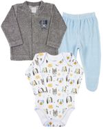 Conjunto Bebê Inverno Casaco Body e Calça Plush e Suedine Estampado Cachorrinhos