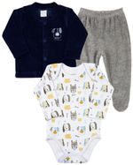 Conjunto Bebê Inverno Casaco Body e Calça Plush e Suedine Estampado Cachorrinhos