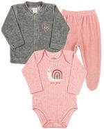 Conjunto Bebê Inverno Casaco Body e Calça Plush e Malha Canelada Caracol