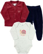 Conjunto Bebê Inverno Casaco Body e Calça Plush e Malha Canelada Caracol
