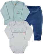 Conjunto Plush Bebe Menino Casaco Body e Culote Bordado Pintinhos