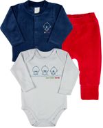 Conjunto Plush Bebe Menino Casaco Body e Culote Bordado Pintinhos