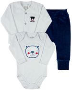 Conjunto Plush Bebe Menino Casaco Body e Culote Bordado Ursinho