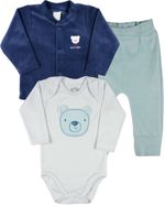 Conjunto Plush Bebe Menino Casaco Body e Culote Bordado Ursinho