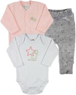 Conjunto Plush Bebe Menina Casaco Body e Culote Bordado Estrelas