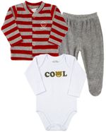 Conjunto Bebê Inverno Casaco Plush Listrado Calça Plush e Body Suedine Silk Screen Cool