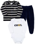 Conjunto Bebê Inverno Casaco Plush Listrado Calça Plush e Body Suedine Silk Screen Cool
