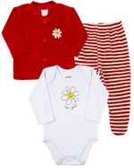 Conjunto Bebê Inverno Menina Casaco Plush Liso Calça Plush Listrado e Body Suedine Silk Margarida